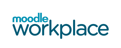 Logo Moodle Workplace. Schriftzug in Blau-Farben.