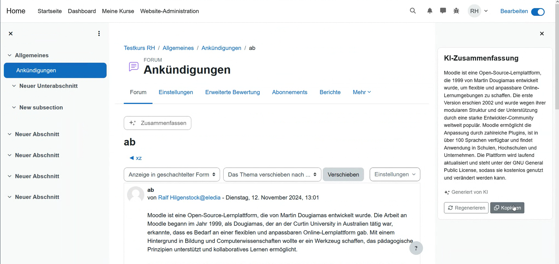 Screenshot der Funktion KI-Zusammenfassung aus einem Moodle Kurs