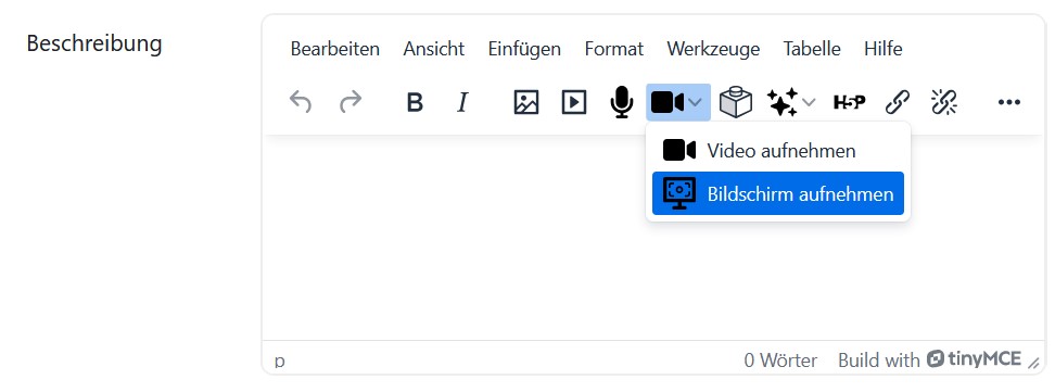 Screenshot von Moodle-Editor (TinyMCE) mit der Funktion Bildschirmaufnahme geöffnet